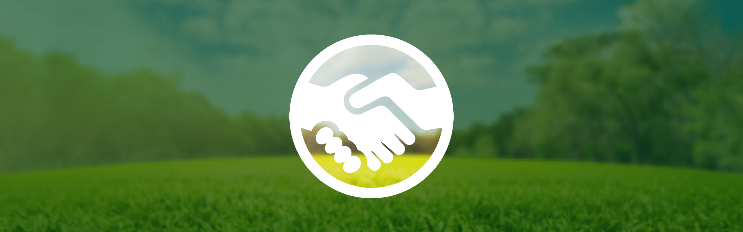 A white image of a handshake is located inside a circle. The background shows a green forest meadow under a blue sky, which is darkened outside the circle by a dark green, partially transparent layer.