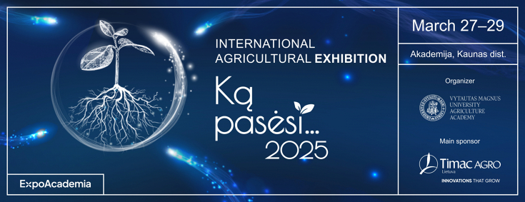Logo Ką pasėsi 2025 Blue background with white Ką pasėsi trade fair logo and date