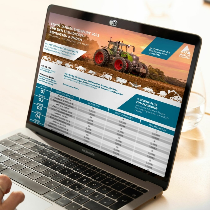 Laptop of a Fendt dealer with financing options via AGCO Finance