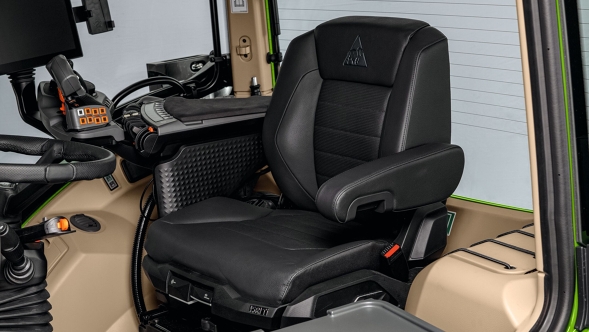 Close-up of the new Fendt Premium driver's seat in the cab of the Fendt 600 Vario