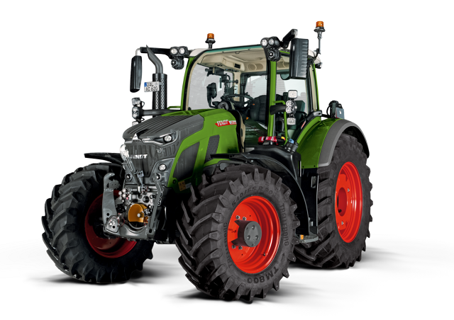 CGI of the green Fendt 600 Vario tractor with red rims