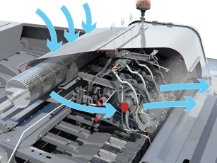 Cross-flow fan providing constant airflow over the entire knotter area to clear debris