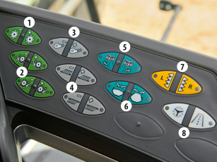 Close-up of a membrane keypad in a Fendt C-Series combine harvester with buttons for controlling the threshing drum speed, sieve openings, blower, straw deflection, grain tank and transport mode.