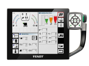 View the main menu of the Varioterminal on a Fendt C-Series combine harvester, with information on cutterbar height, straw walkers, grain tables and quick access buttons for threshing cylinders, sieve openings and blower fan speed.