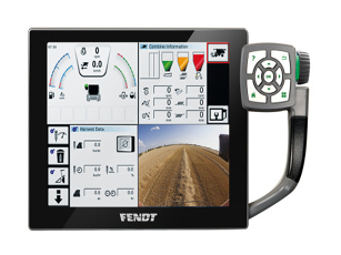 Display of the Info Plus menu in the lower area of the Varioterminal on a Fendt C-Series combine harvester with submenu selection for additional machine information, including VarioGuide.