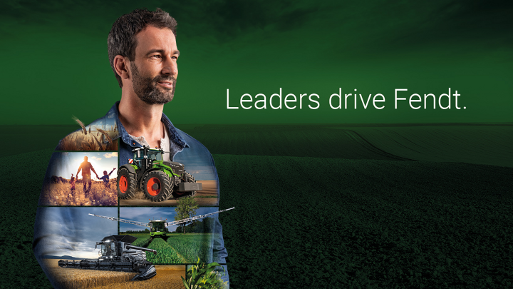 Man with beard in front of a green background, with the slogan ‘Leaders drive Fendt’ next to him. Several Fendt machines in different application scenarios are superimposed on his upper body.