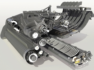 Detailed view of the complete cutting rotor with cutterbar mechanism and V-shaped rotor tines