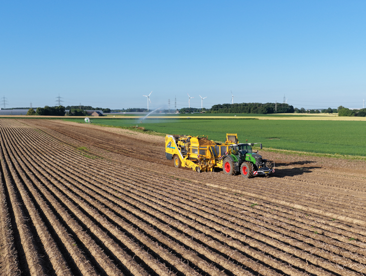 A green Fendt tractor driving with a yellow Keiler II RK22 potato harvester from ROPA over a field and harvesting potatoes. In the background, wind turbines can be seen.