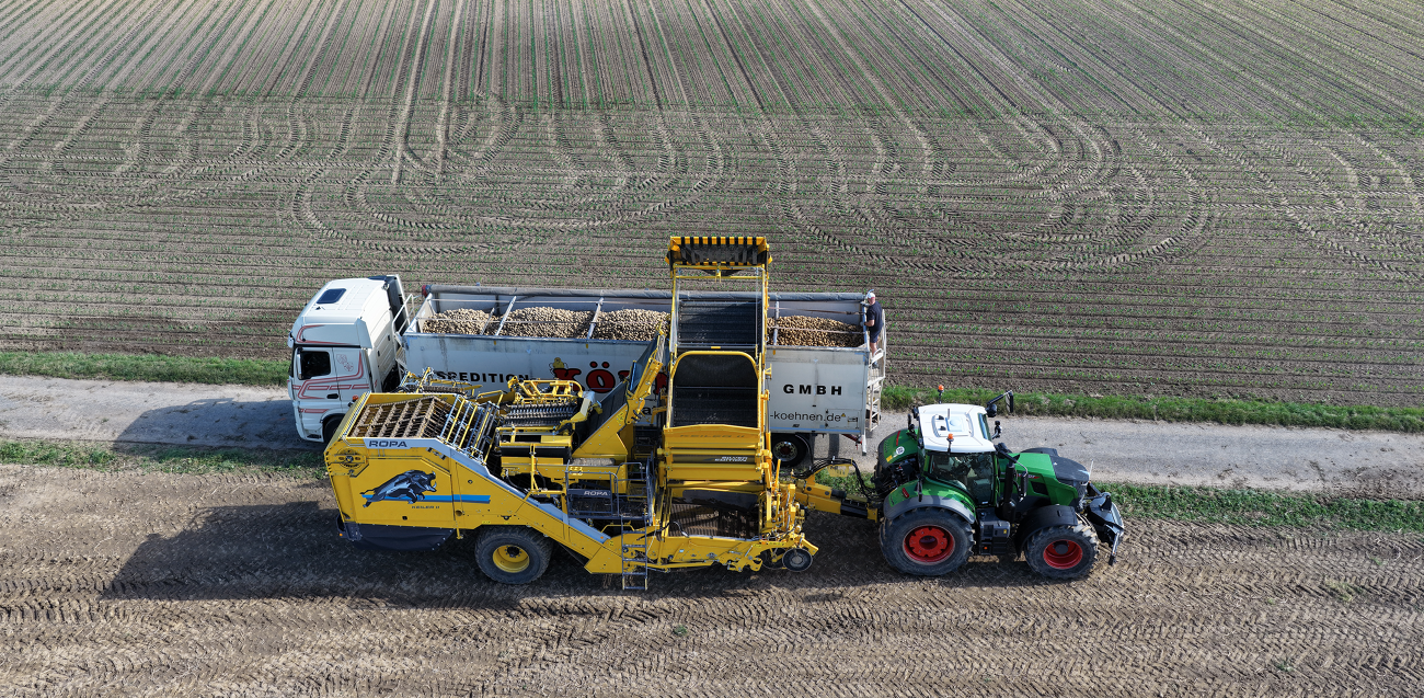 A green Fendt tractor with a ROPA potato harvester bunkering potatoes into a truck at the edge of a field.