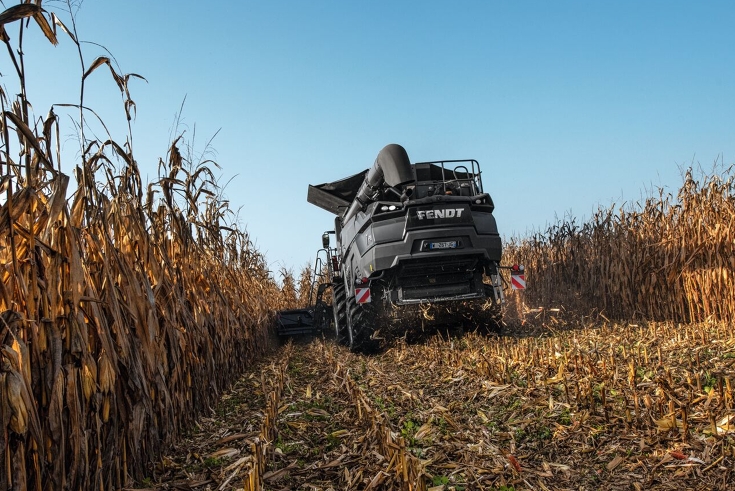 A Fendt IDEAL combine harvester in anthracite driving through a maize field with a maize header implement and is photographed from behind.