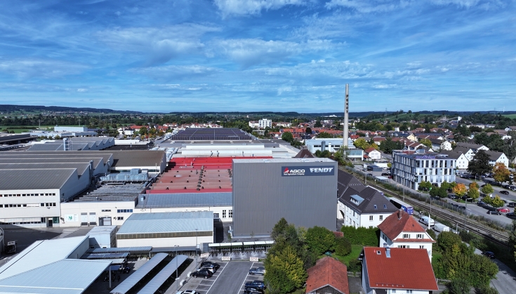 Drone shot of the Marktoberdorf site with the new Fendt high-bay warehouse