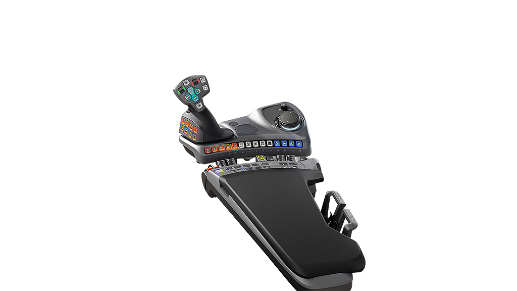 Black operating armrest of a Fendt tractor with an ergonomically arranged multi-function joystick, numerous coloured buttons and an integrated 10-inch dashboard. On the lower right, a padded armrest is visible