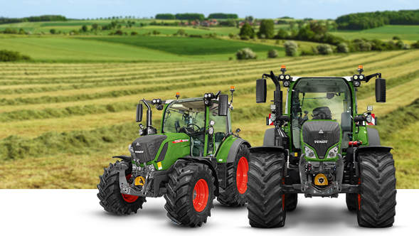 Landscape image with green field and the two Fendt tractor models 300 Vario Gen4 and 500 Vario Gen3 in the front