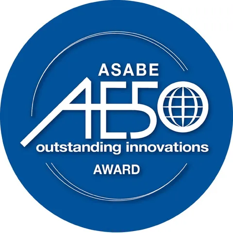 Il logo dell'AE50 Award, costituito da un cerchio blu scuro al centro del quale è riportata la scritta bianca “ASABE AE50 outstanding innovations AWARD”.