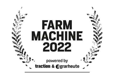 Logo del premio Farm Machine 2022 su sfondo bianco, con a sinistra e a destra un semicerchio formato da “tracce di trattore” e al centro la scritta “Farm Machine 2022” con la menzione del sostegno di traction e agrarheute.