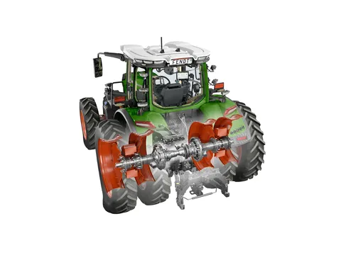 una CGI di un Fendt 800 Vario con taglio sull’assale posteriore e pneumatici gemellati Row-Crop