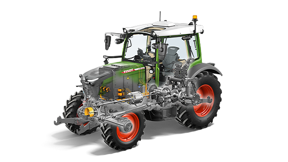Azionamento elettrico e cambio Vario del Fendt e100 Vario Grafico dell’interno di un trattore e100 Vario per l’analisi ravvicinata del cambio