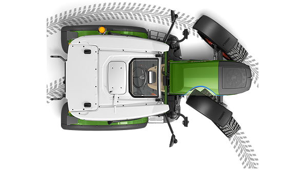Fendt e100 Vario raggio di sterzata Vista dall’alto su un Fendt e100 Vario per la spiegazione della sua manovrabilità incredibilmente semplice grazie al “vitino da vespa”