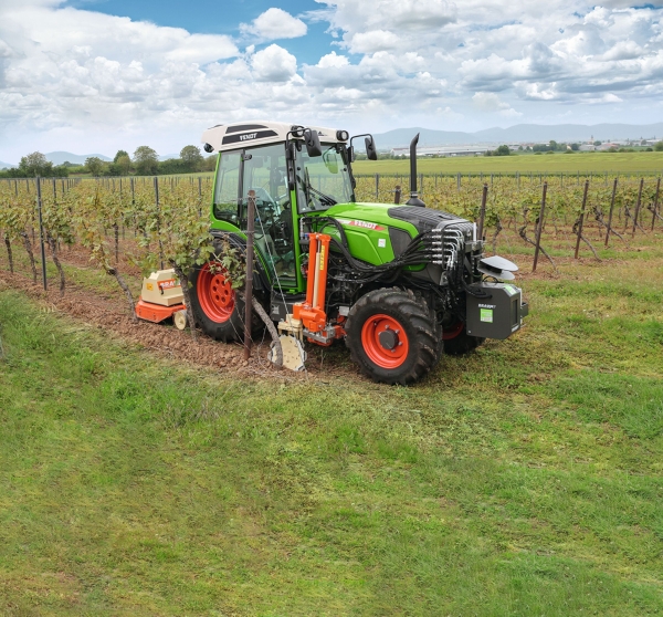 Fendt 200 V/F/P Vario nei vigneti Il Fendt 200 V/F/P Vario verde con i cerchi rossi attraversa i giovani vigneti con un attrezzo posteriore arancione e un rullo tra gli assi.