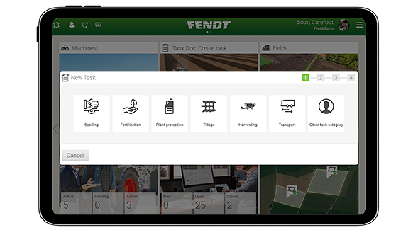 Tablet con FendtONE offboard È possibile visualizzare un tablet con diverse opzioni per la creazione di una nuova attività.
