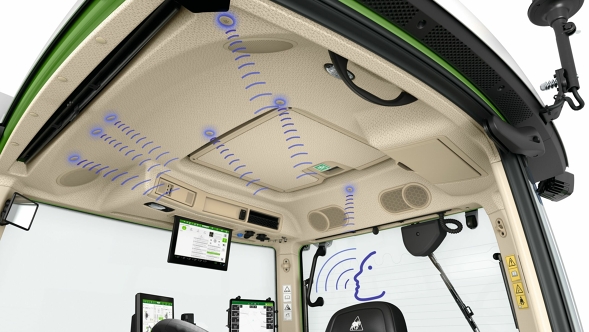 Vista interna CGI di una cabina con marcature blu, che evidenziano il sistema vivavoce e l’Infotainment.