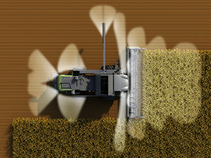Concetto di illuminazione della Serie L Fendt Vista a volo d'uccello generata al computer di una mietitrebbia Fendt Serie L con sistema di illuminazione completamente attivato per una visibilità ottimale durante il lavoro notturno