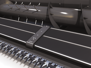 Primo piano della barra falciante PowerFlow di una mietitrebbia Fendt Serie L, con flusso attivo del prodotto dai coltelli alla coclea.