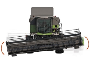Primo piano del sistema AutoLevel della piattaforma di taglio di una mietitrebbia Fendt serie L, che assicura un'altezza di taglio uniforme su tutta la larghezza