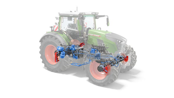 Rappresentazione CGI dell’impianto di regolazione della pressione di gonfiaggio dei pneumatici completamente integrato Fendt VarioGrip nel trattore Fendt 800 Vario