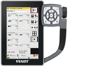 Menu Info Plus Fendt Serie L Visualizzazione del terminale Vario in una mietitrebbia Fendt Serie L con il menu Info Plus aperto, che fornisce informazioni aggiuntive sulla produttività e sul consumo di carburante.