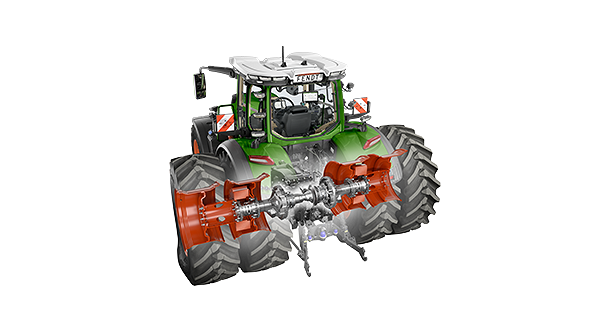 Immagine ritagliata di un Fendt 800 Vario con inquadratura sui pneumatici gemellati dell'asse posteriore