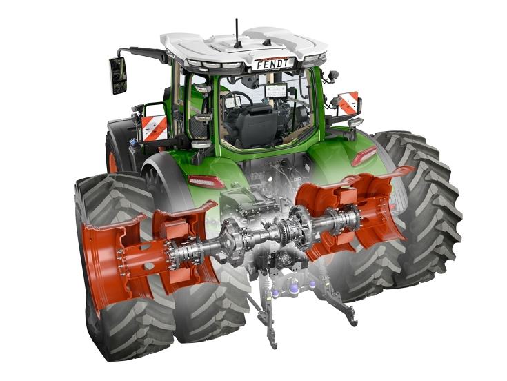 una CGI di un Fendt 800 Vario con taglio sull’assale posteriore e il collegamento con il mozzo ruota duo nonché pneumatici gemellati grandi
