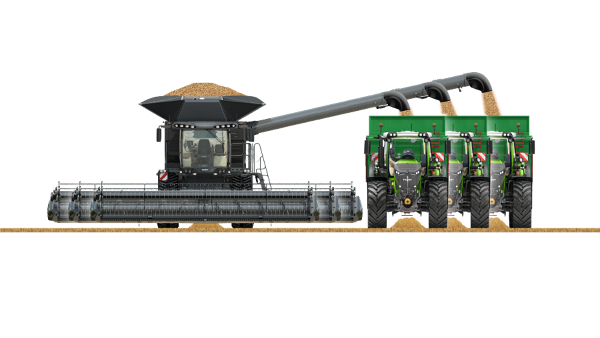 „Fendt IDEAL“ perpylimo transporteris „Fendt IDEAL“ su trimis iškrovimo vamzdžiais, kad būtų galima parodyti trijų pločių perpylimo transporterius