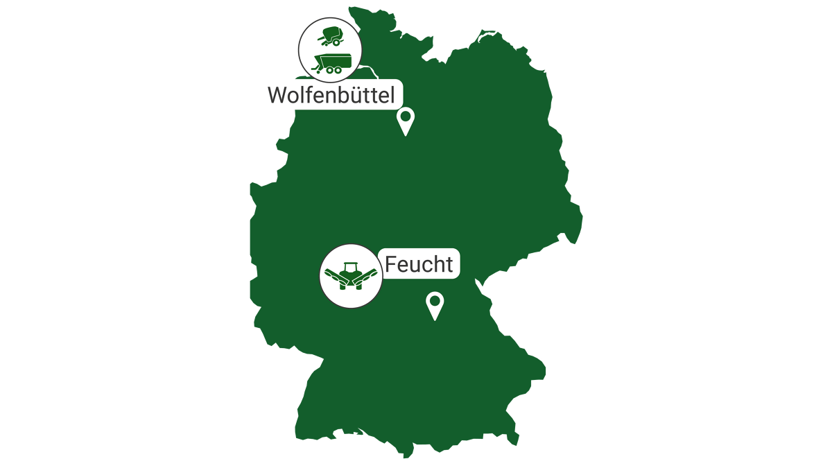 „Fendt“ gamyklos Feucht ir Wolfenbüttel Vokietijos žemėlapis, kuriame pavaizduotos dvi gamybos vietos Feucht ir Wolfenbüttel.