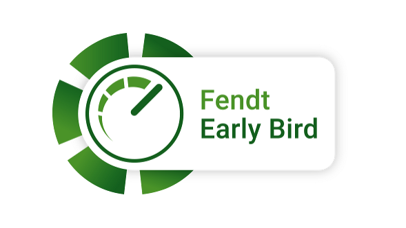 Fendt Early Bird 2026 Žalia „Fendt“ akcijos reklaminė juosta su užrašu „Fendt Early Bird“