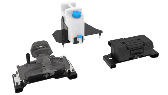 „Chassis Organizer“ apžvalga 3 skirtingos „Chassis Organizer“ dalys baltame fone.