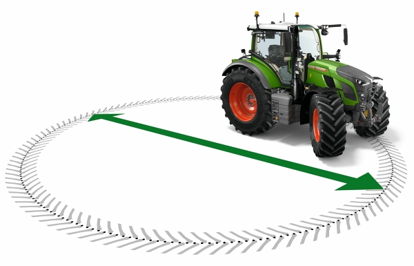 Žaliojo „Fendt 600 Vario“ traktoriaus ir pilkos jo posūkio trajektorijos grafinis vaizdas. Žalia dvikryptė rodyklė rodo apskritimo skersmenį.