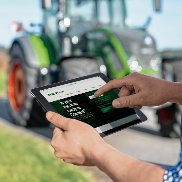 Planšetinio kompiuterio ekrano su „Fendt Connect“ programa vaizdas iš arti