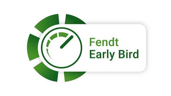 Fendt Early Bird 2026. gadam Zaļš Fendt akcijas reklāmkarogs ar uzrakstu "Fendt Early Bird”