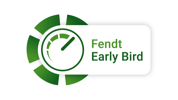 Fendt Early Bird 2026. gadam Zaļš Fendt akcijas reklāmkarogs ar uzrakstu "Fendt Early Bird”