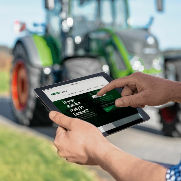 Planšetdatora tuvplāna skats ar Fendt Connect lietojumprogrammu