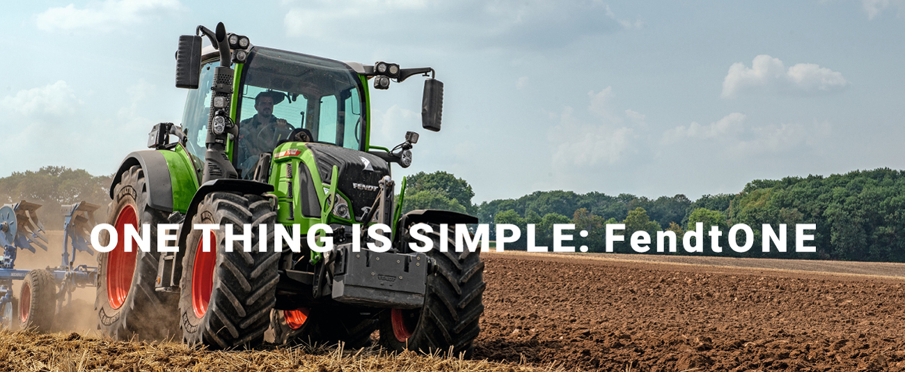 De Fendt 500 Vario in het veld met de kop "Een is eenvoudig. FendtONE".