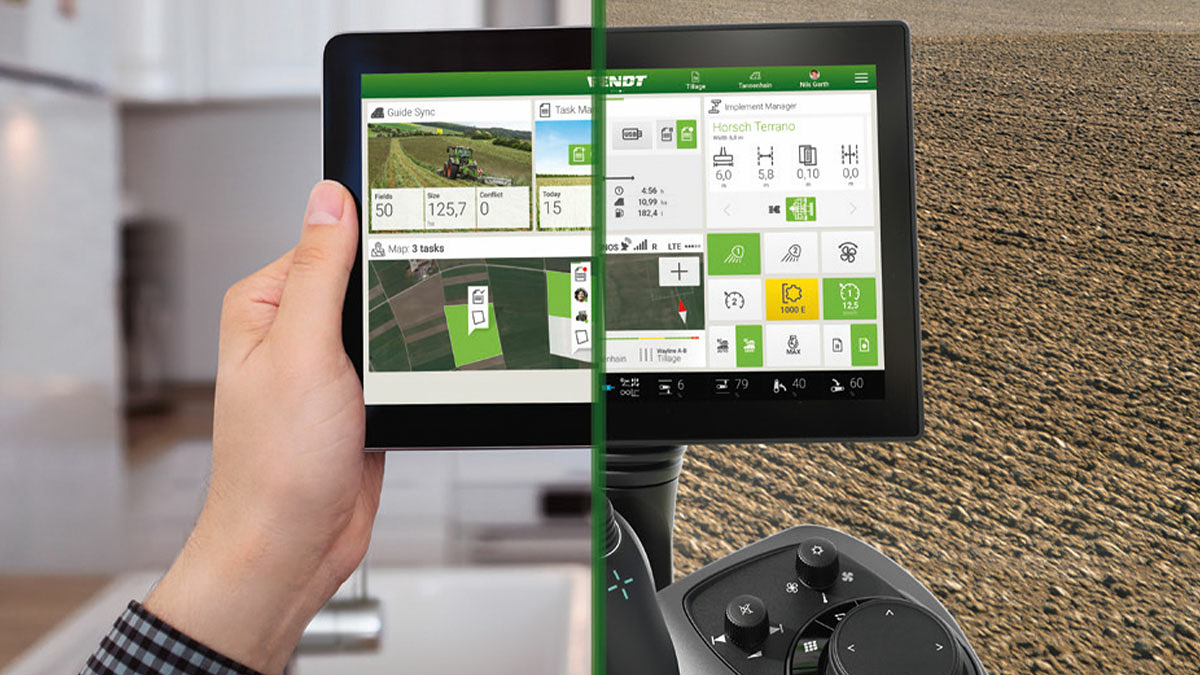 Links is een arm met een tablet in de hand en rechts de terminal van een tractor met FendtONE onboard afgebeeld
