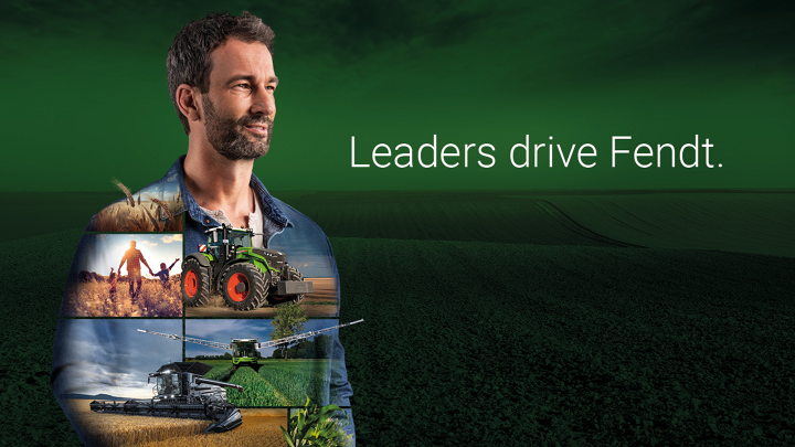 Afbeelding van een landbouwer, Fendt-machines en de natuur met de slogan "Leaders drive Fendt"