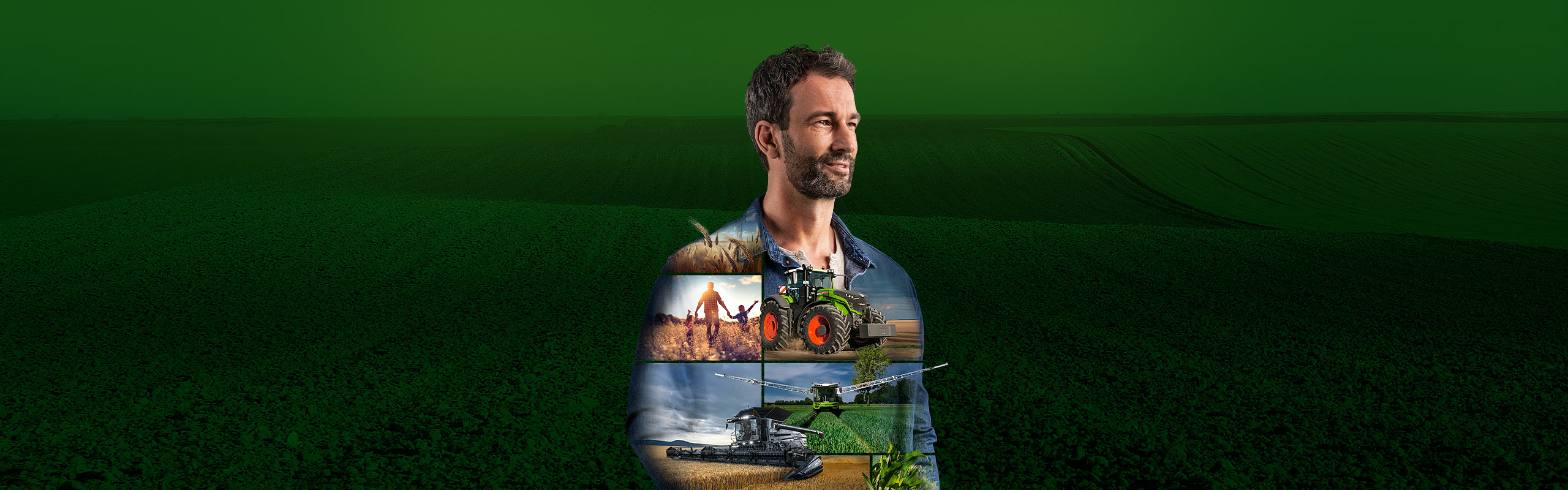 Een landbouwer staat voor een groene achtergrond en kijkt gemotiveerd in de toekomst. Op zijn bovenkant zijn Fendt-producten afgebeeld.
