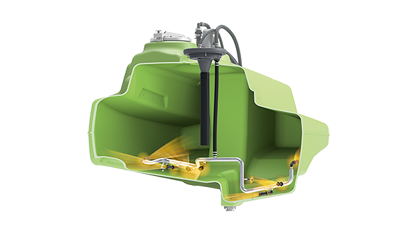 Opengewerkte CGI-dwarsdoorsnede van de spuitmiddelentank op de Fendt Rogator 600 Gen2