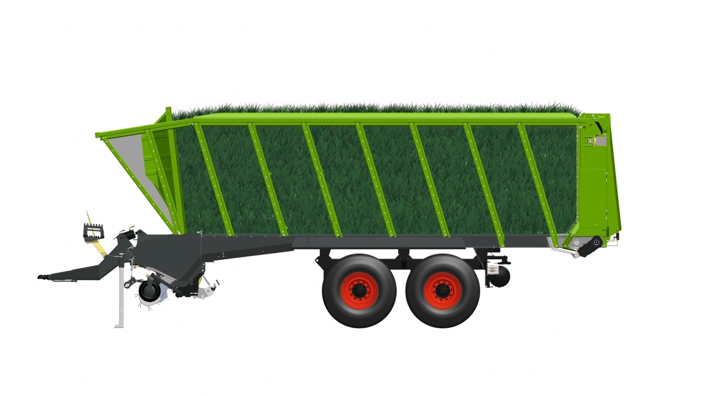 Zijaanzicht van een tekening van een volledig geladen Fendt Tigo-opraapwagen met gras