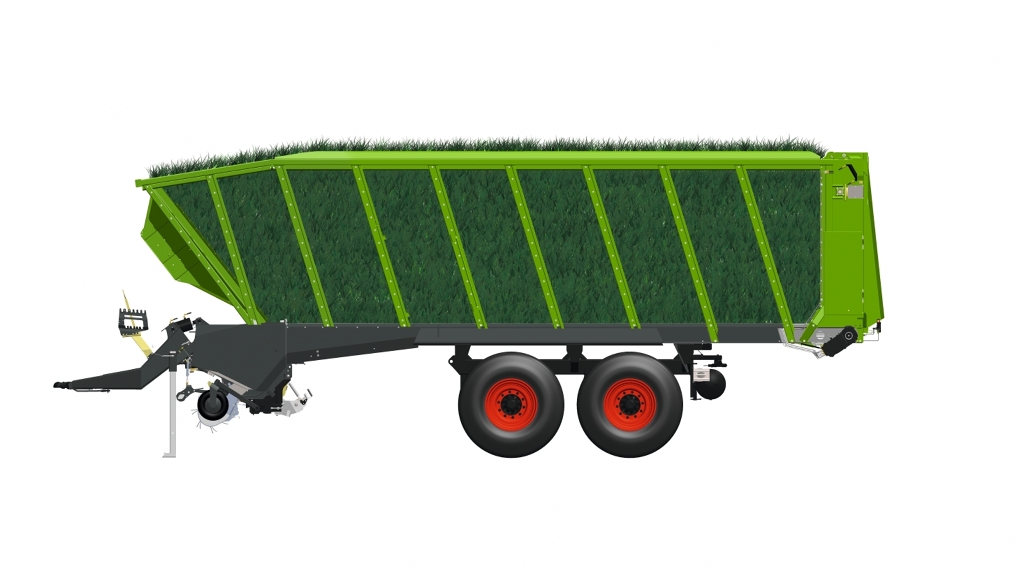 Zijaanzicht van een tekening van een volledig geladen Fendt Tigo-opraapwagen met gras