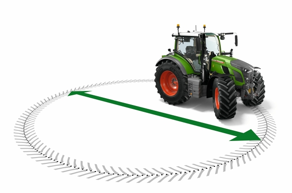 Wendbaarheid van de Fendt 600 Vario Grafische weergave van de groene trekker Fendt 600 Vario en diens grijze draaicirkel. Een groene pijl met punten aan beide kanten toont de diameter van de draaicirkel.