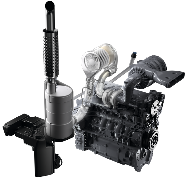 Motor in een Fendt 900 Vario Een bijgesneden CGI van motor, katalysator, luchtfilter en uitlaat van de Fendt 900 Vario.